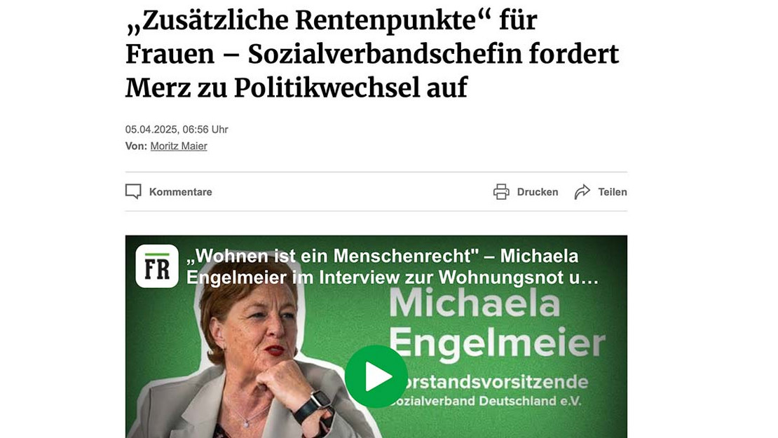 Screenshot von der Webseite der Frankfurter Rundschau. Überschrift: "Zusätzliche Rentenpunkte für Frauen - Sozialverbandschefin fordert Merz zu Politikwechsel auf. 