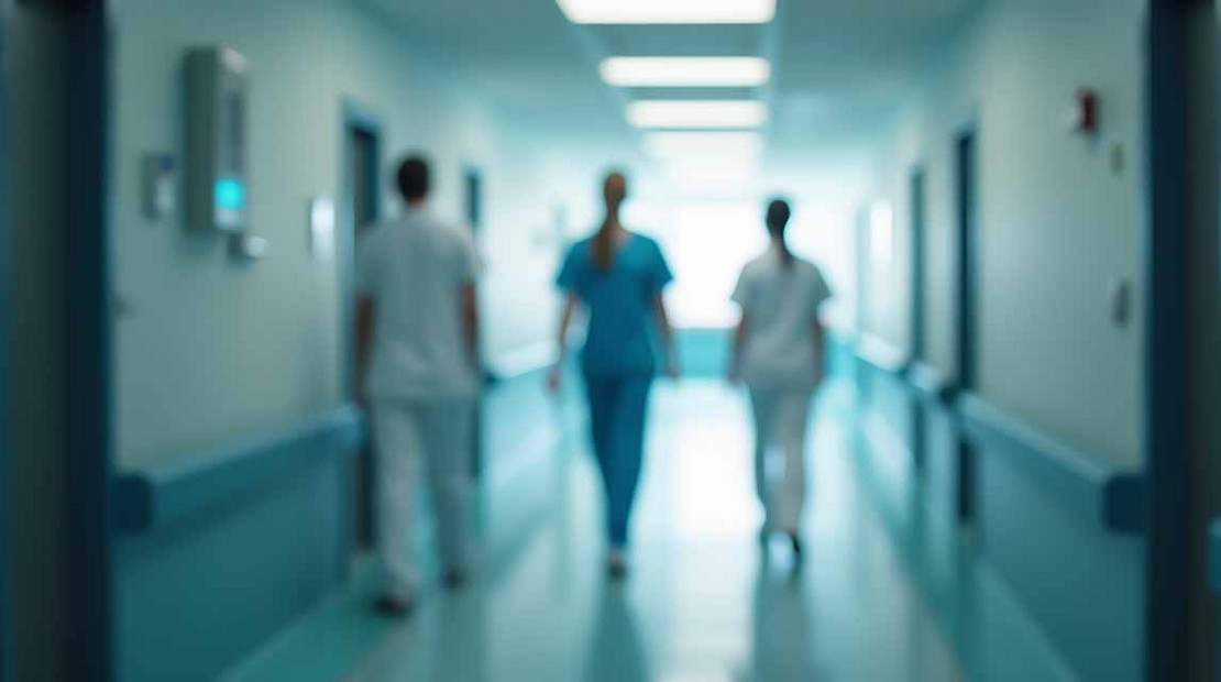 Verschwommenes Foto eines Krankenhausflurs.