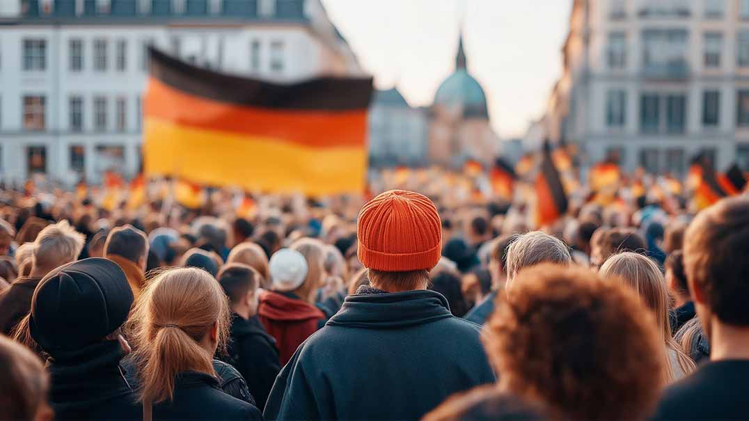 Menschenmenge steht auf einem Platz.